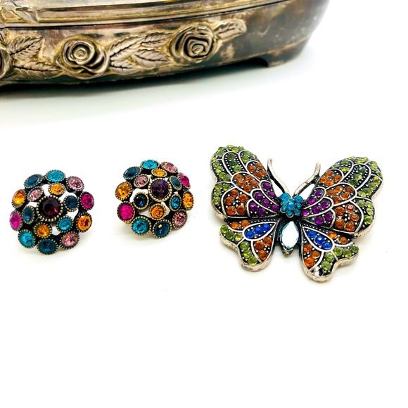 Vintage Rhinestone Earrings & Butterfly Brooch - Picture 5 of 5